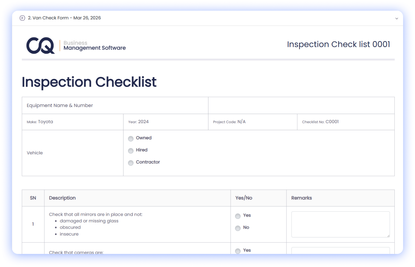 Vehicle inspection sheet