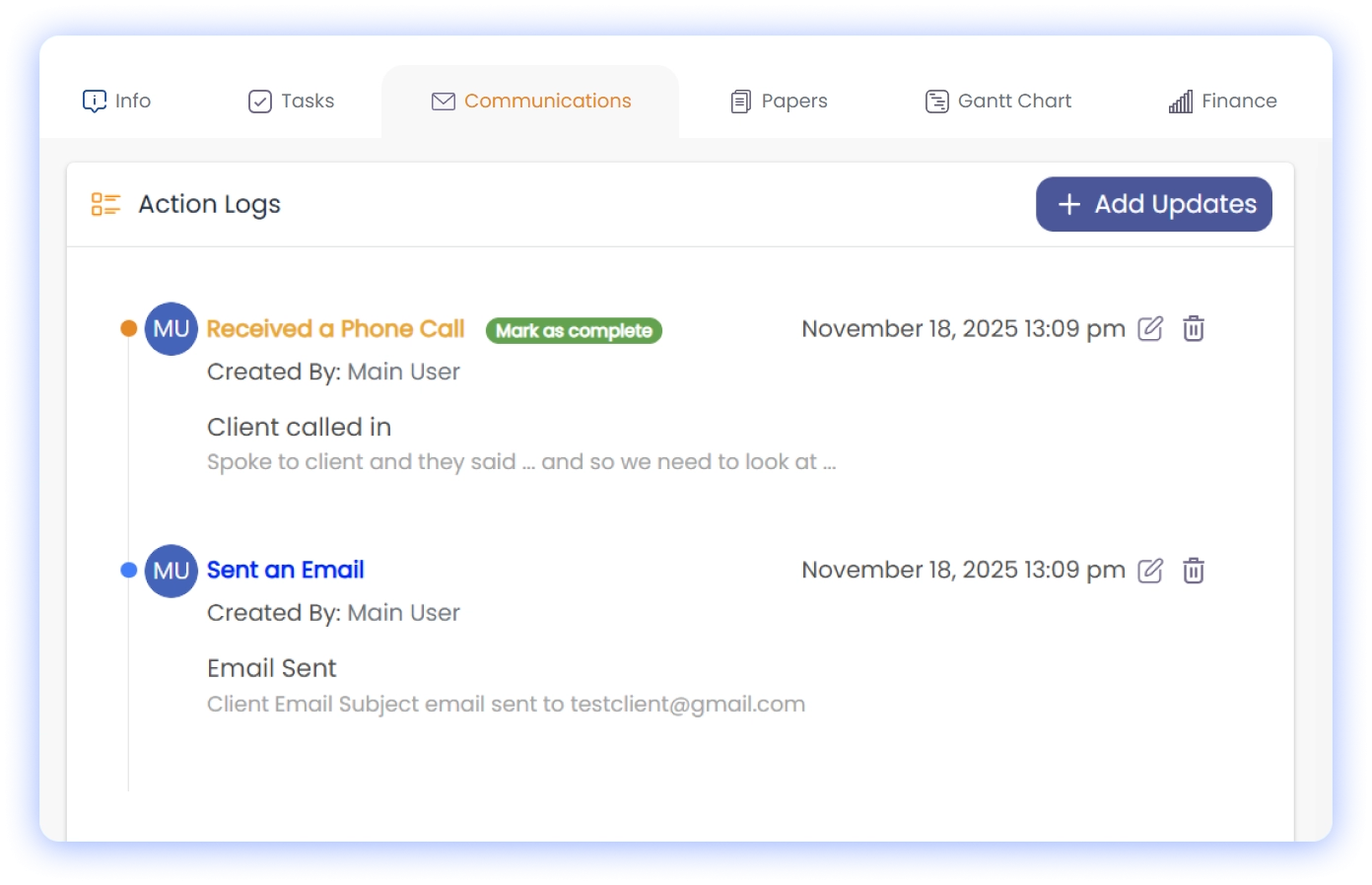 action and communication logs