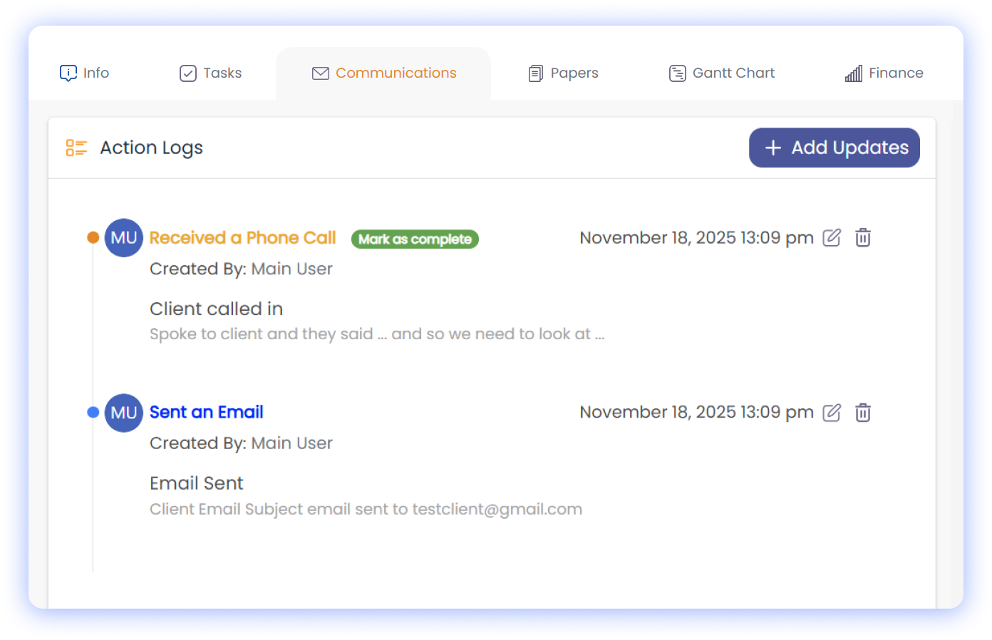 action and communication logs